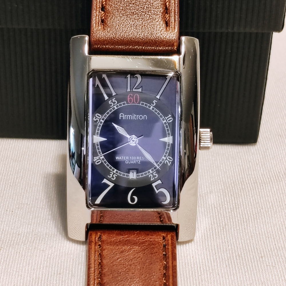 Armitron Water 100 Resist Quartz Black Dial Watch with Brown Strap
